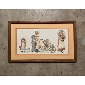 Vintage Jan Hagara Framed Needlepoint – Children with Dolls – 26” x 16”